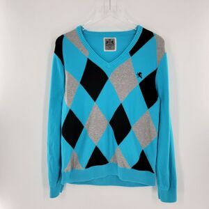 Express Sweater Men's Medium Argyle V-Neck Pullover Blue Black Gray